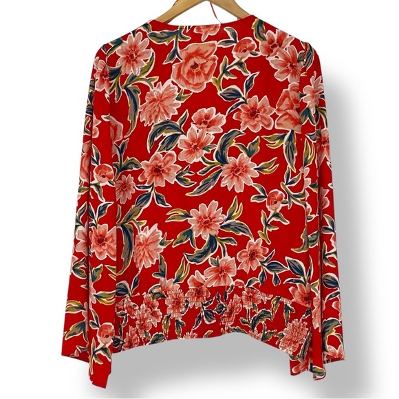 For the Republic Red Floral Bell Sleeve Wrap Surplice Top Sz M - Picture 2 of 11